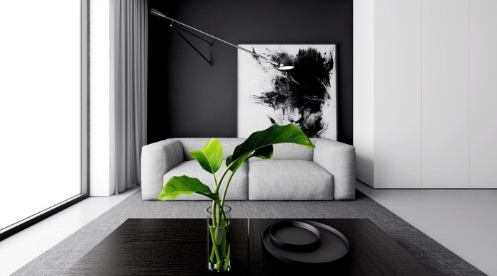 Black white monochrome room living wall monochromatic simple magic rooms abstract furniture grey couch dramatic lounge plants window vase large