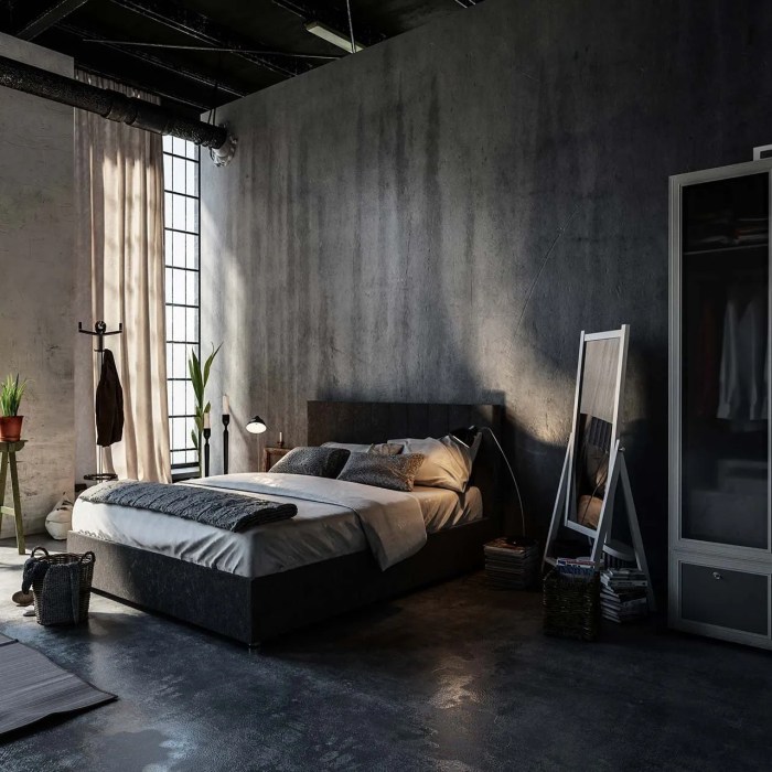 Desain kamar industrial dengan wallpaper dinding