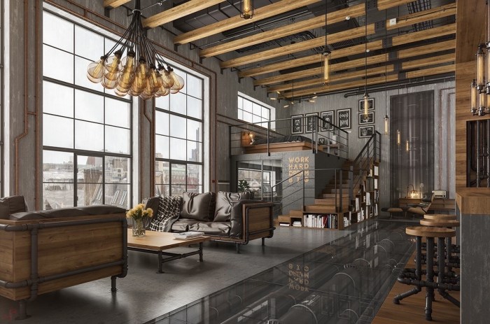 Industrial living room rustic ideas style decor design interior loft vintage apartment grey rooms dubai tv scherbak mihail timothy wall